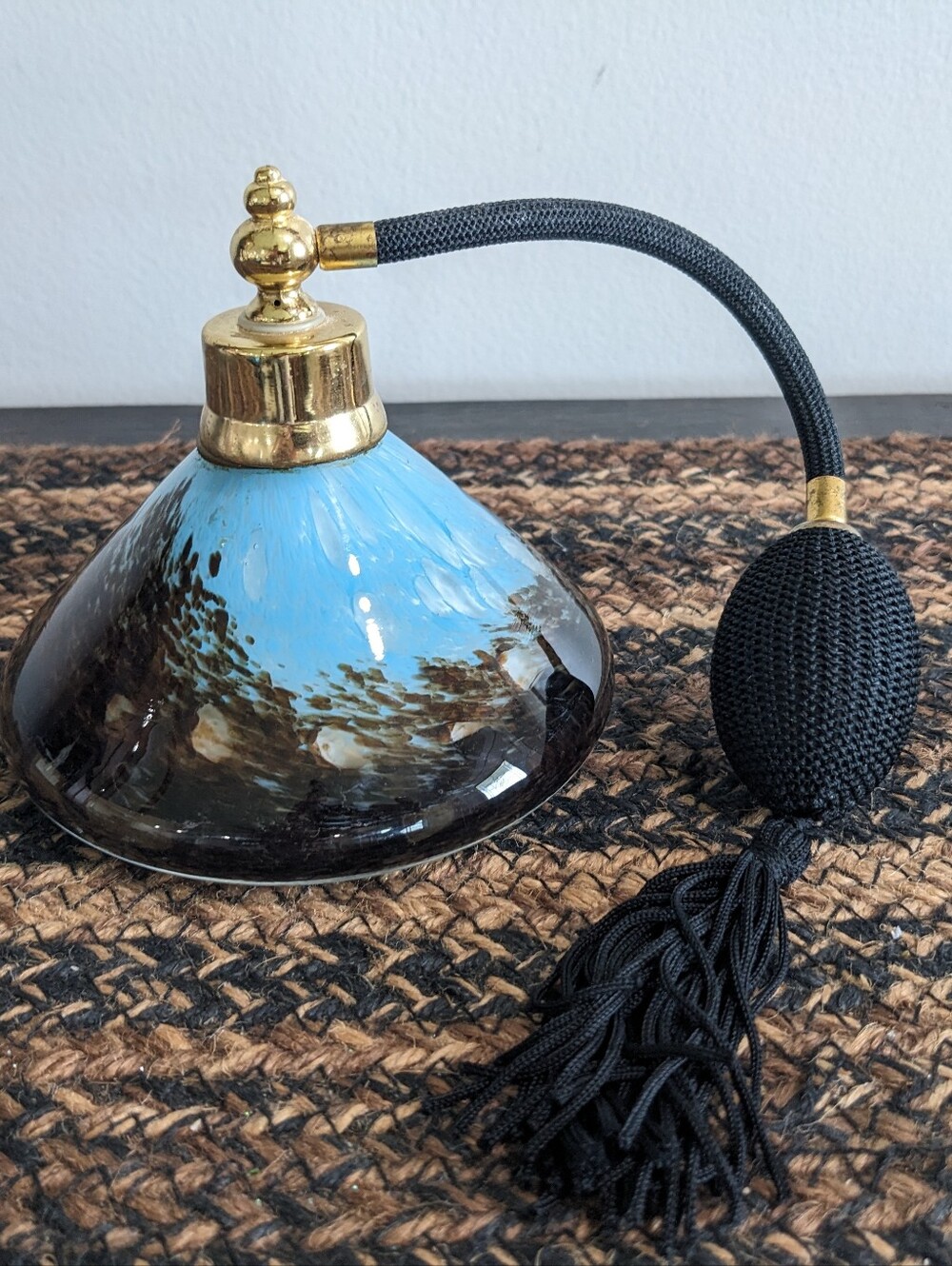 Vintage Granny Core art glass perfume bottle W Automizer Pump empty Blue Brown